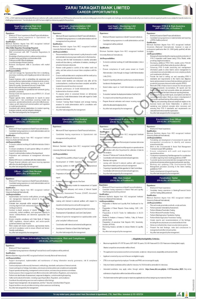 Zarai Taraqiati Bank Ltd ZTBL Jobs 23 November 2025 Express Tribune 1