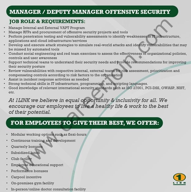 1LINK Pvt Ltd Jobs Manager / Deputy Manager Offensive Security 2