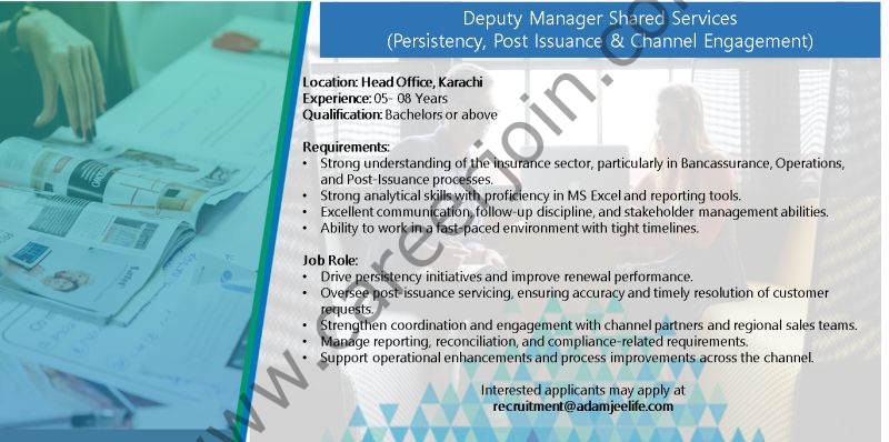 Adamjee Life Insurance Company Jobs Deputy Manager Shared Services 1
