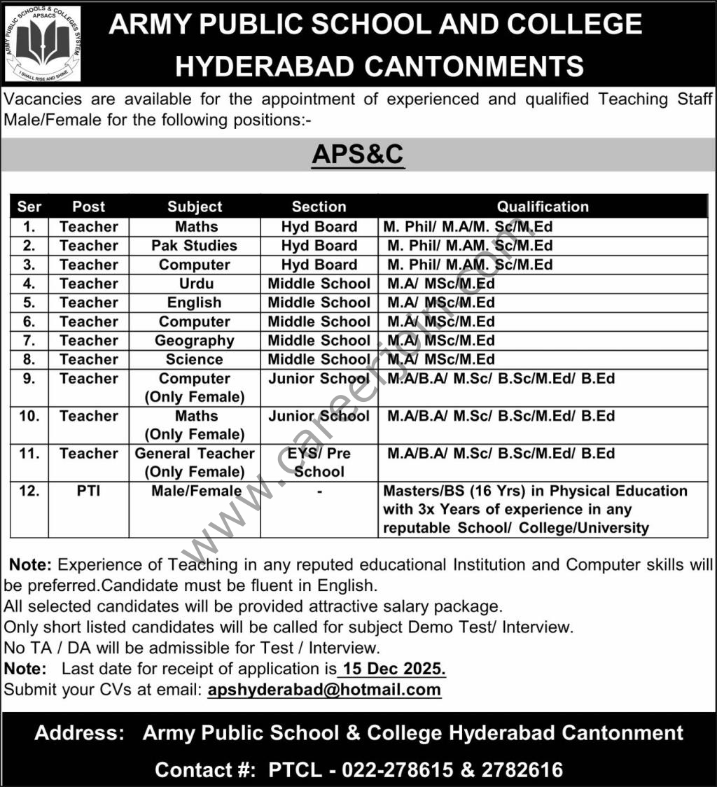 Army Public School & College Hyderabad Jobs 07 December 2025 Express 1