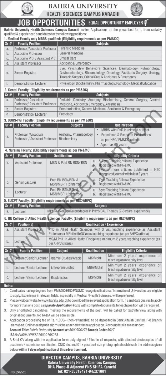 Bahria University Health Sciences Jobs 18 December 2025 Express Tribune 1