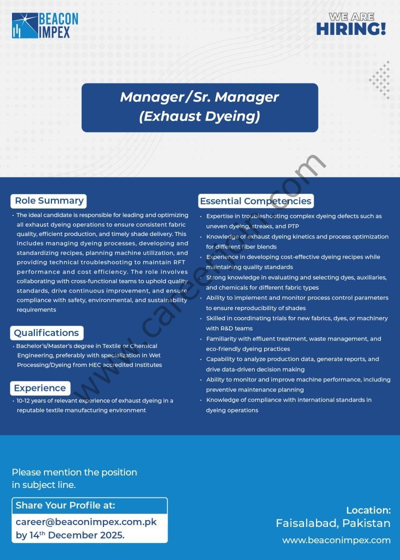 Beacon Impex Pvt Ltd Jobs Manager/Sr Manager (Exhaust Dyeing) 1