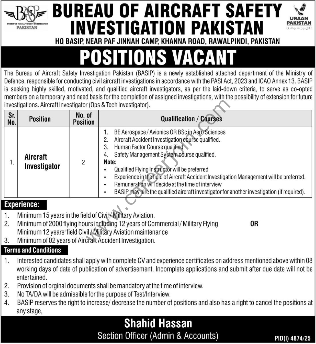 Bureau of Aircraft Safety Investigation Pakistan BASIP Jobs 12 Decemeber 2025 Express Tribune 1