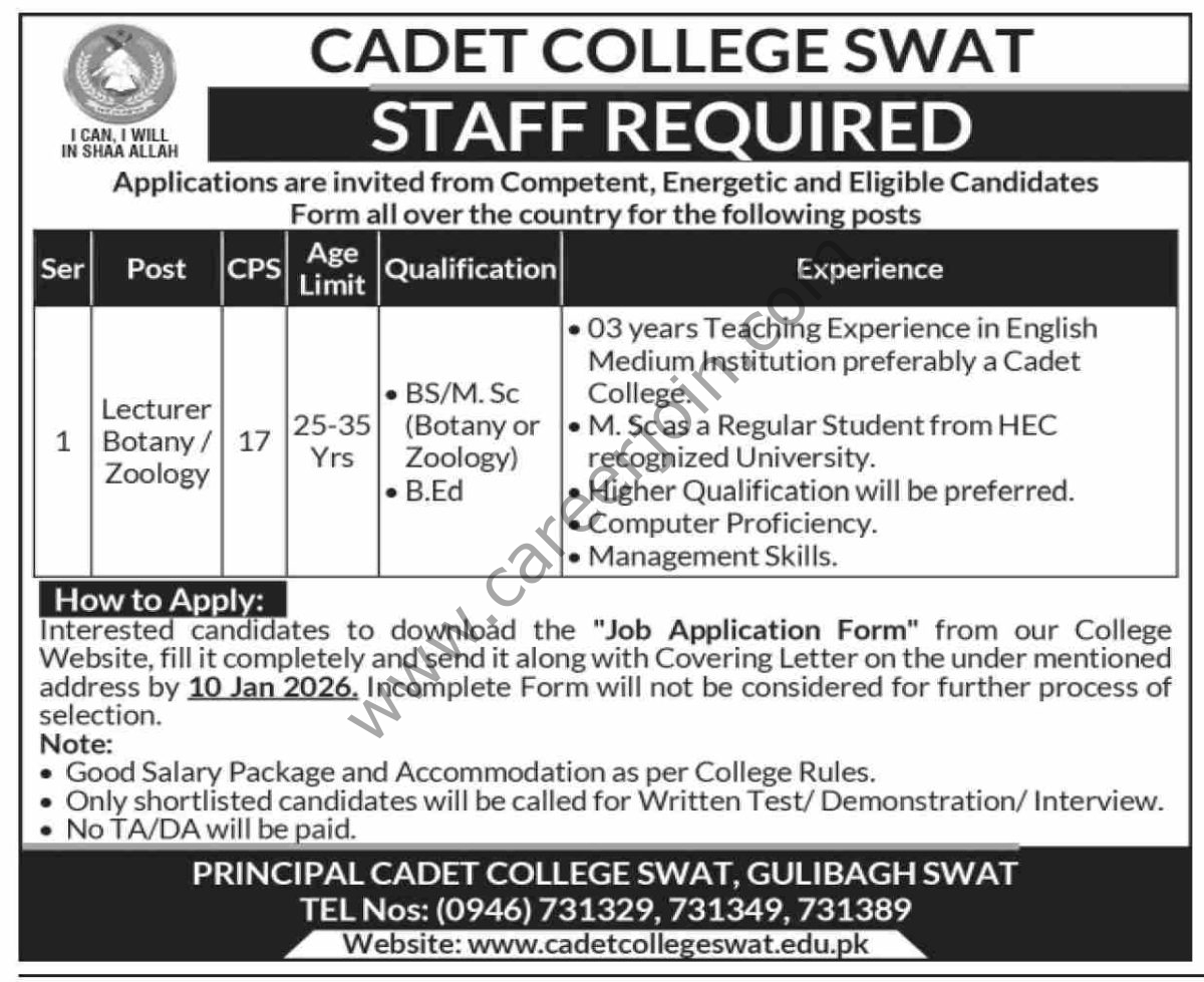 Cadet College Swat Jobs 31 December 2025 Dawn 1