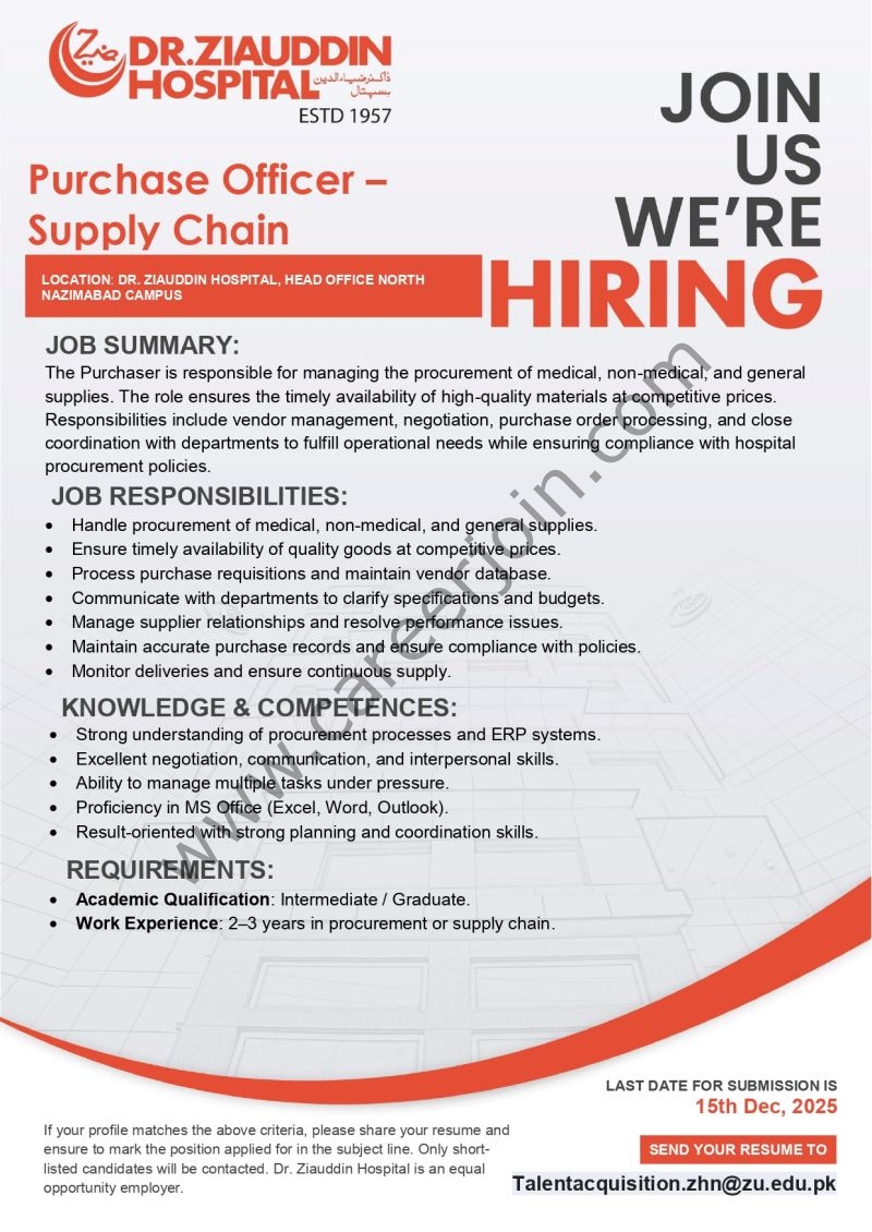 Dr Ziauddin Hospital Jobs Purchase Officer Supply Chain 1