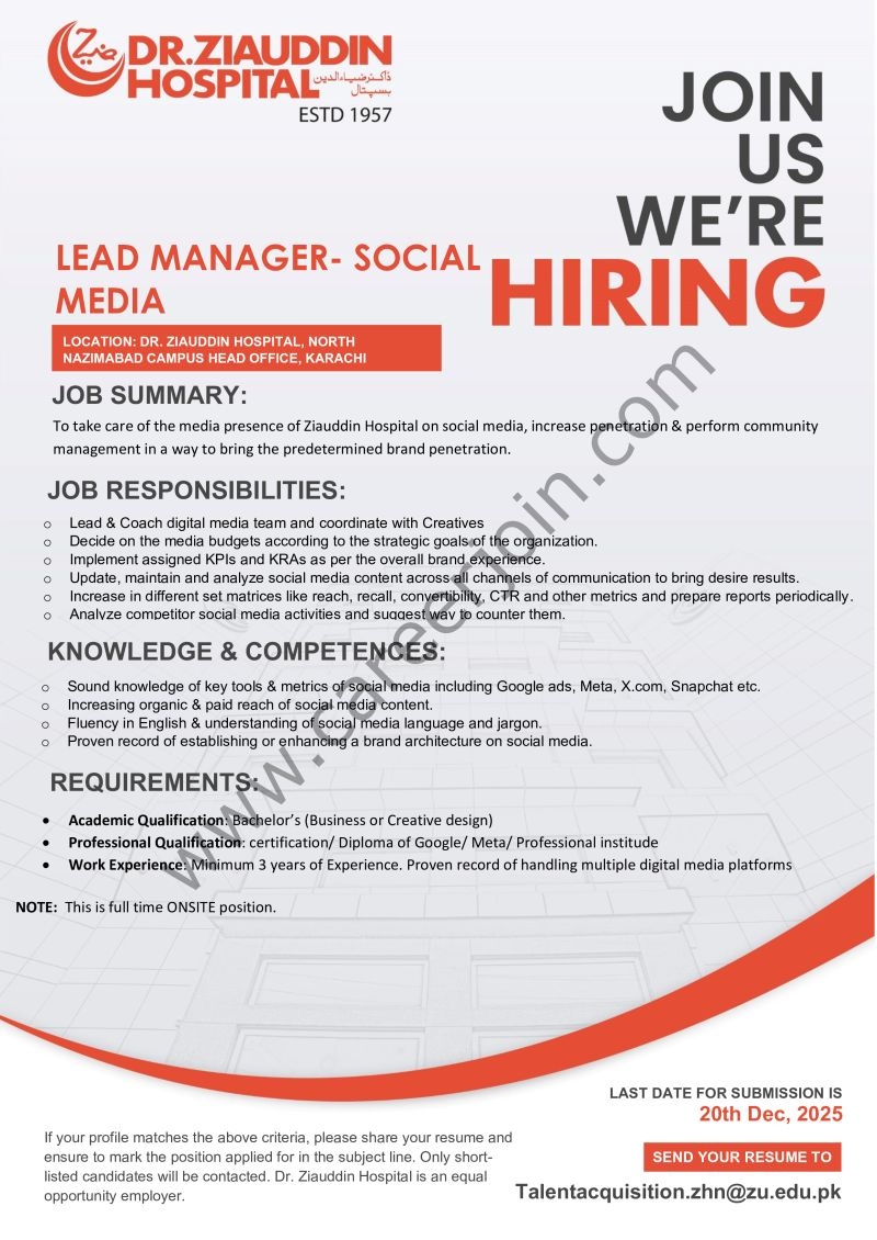 Dr Ziauddin Hospital Jobs Lead Manager Social Media 1