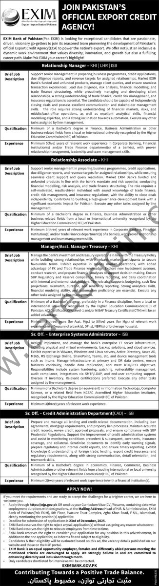 EXIM Bank of Pakistan Jobs 09 December 2025 Express 1