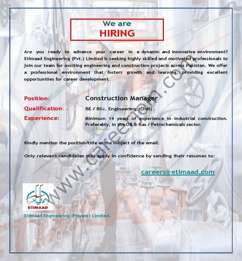 Etimaad Engineering (Private) Limited Jobs Construction Manager 1