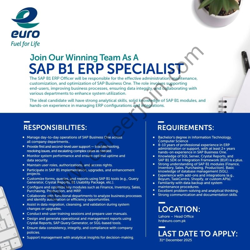 Euro Oil Pakistan Jobs SAP B1 ERP Specialist 1