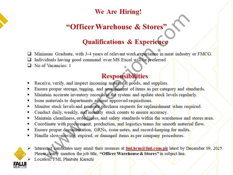 Fauji Meat Limited FML Jobs Officer Warehouse & Stores 1