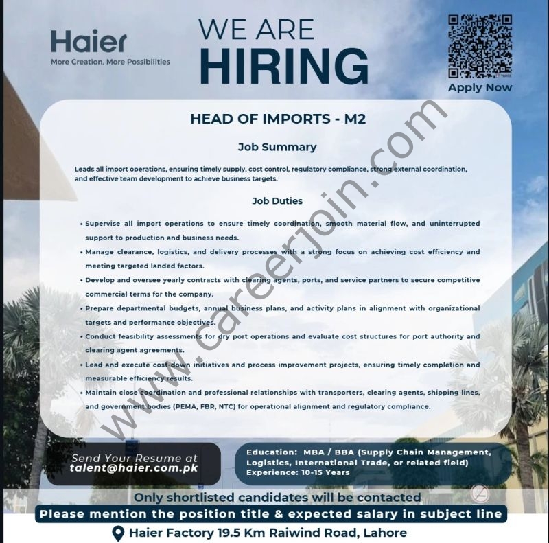 Haier Pakistan Jobs Head of Imports M2 1