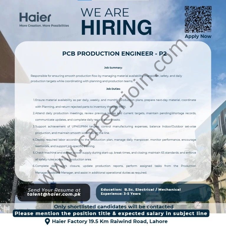 Haier Pakistan Jobs PCB Production Engineer P2 1