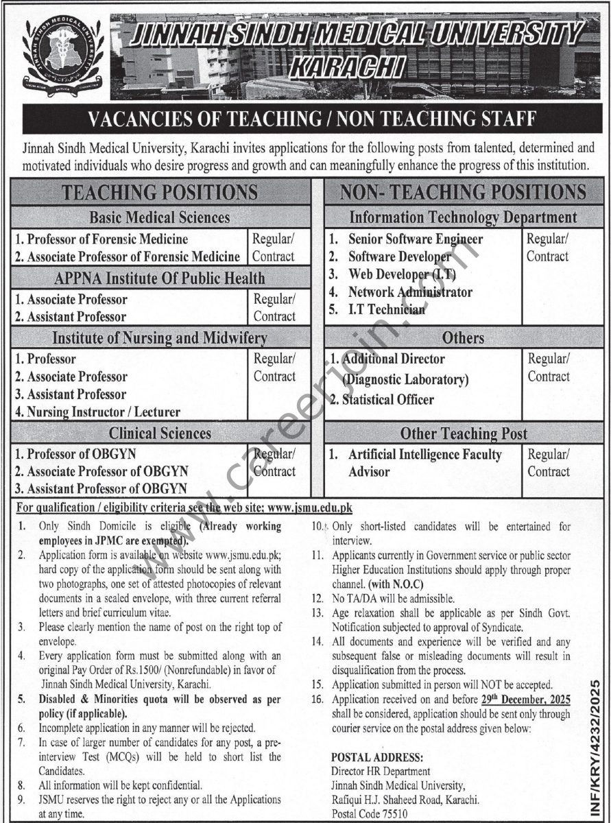 Jinnah Sindh Medical University Karachi Jobs 14 December 2025 Express Tribune 1