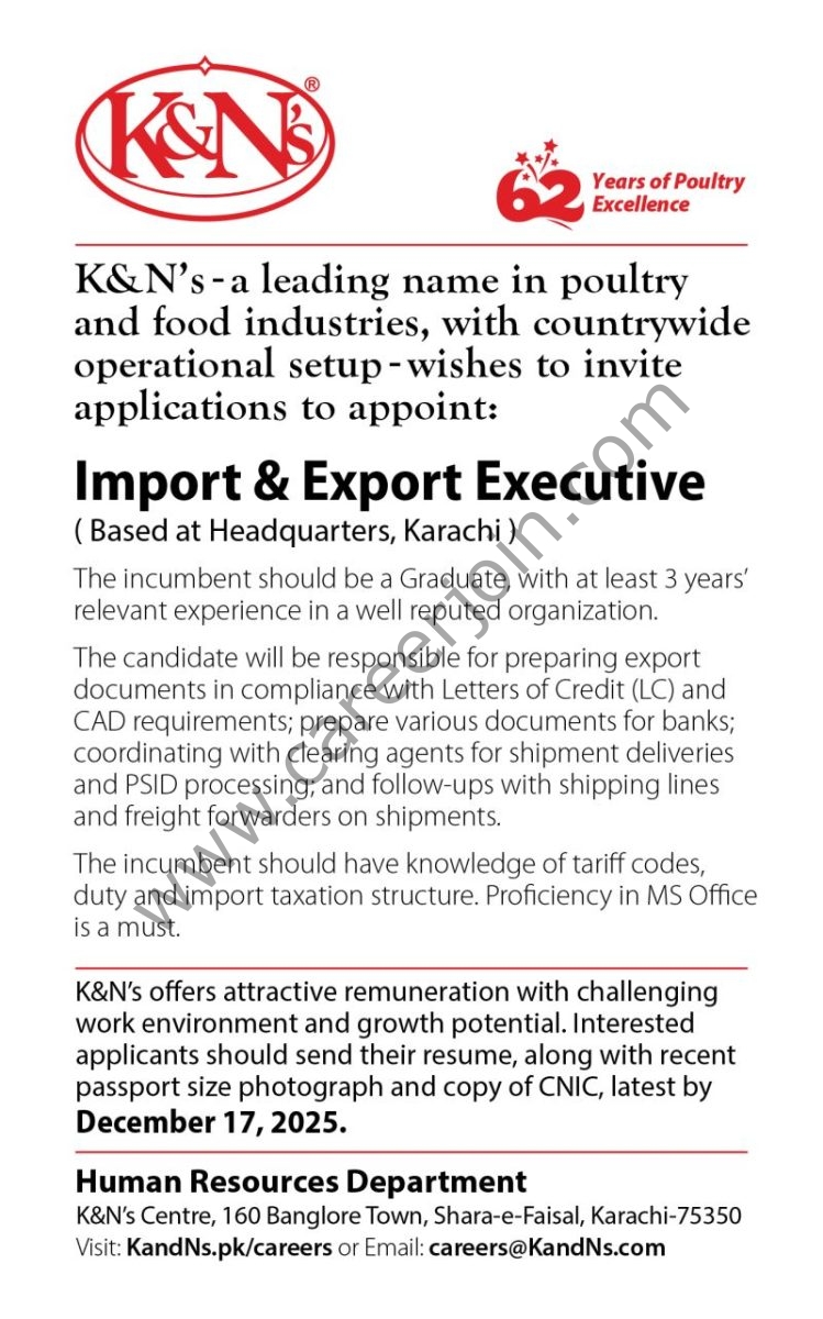 K&N’s Pakistan Jobs Import & Export Executive 1