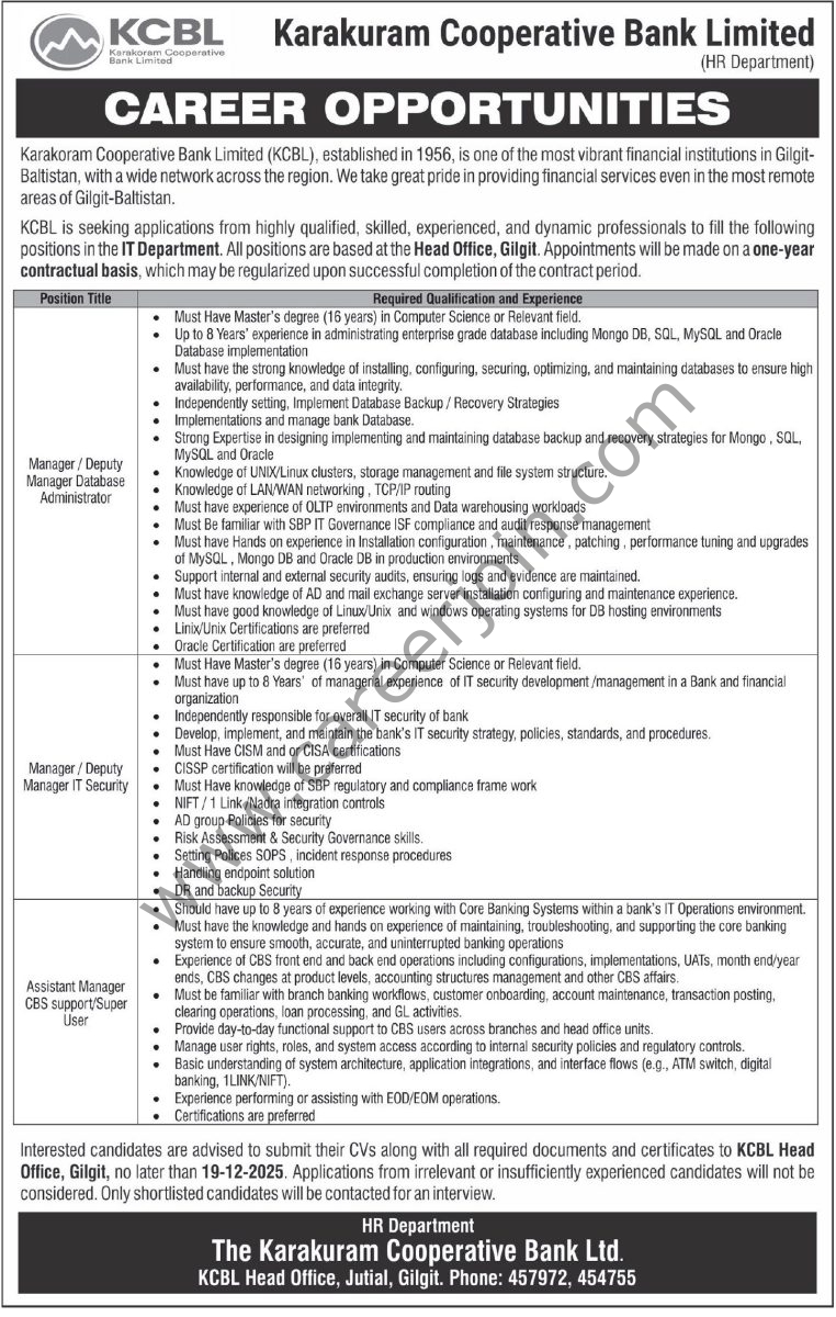 Karakoram Coorerative Bank Ltd KCBL Jobs 05 Decemeber 2025 Express Tribune 1