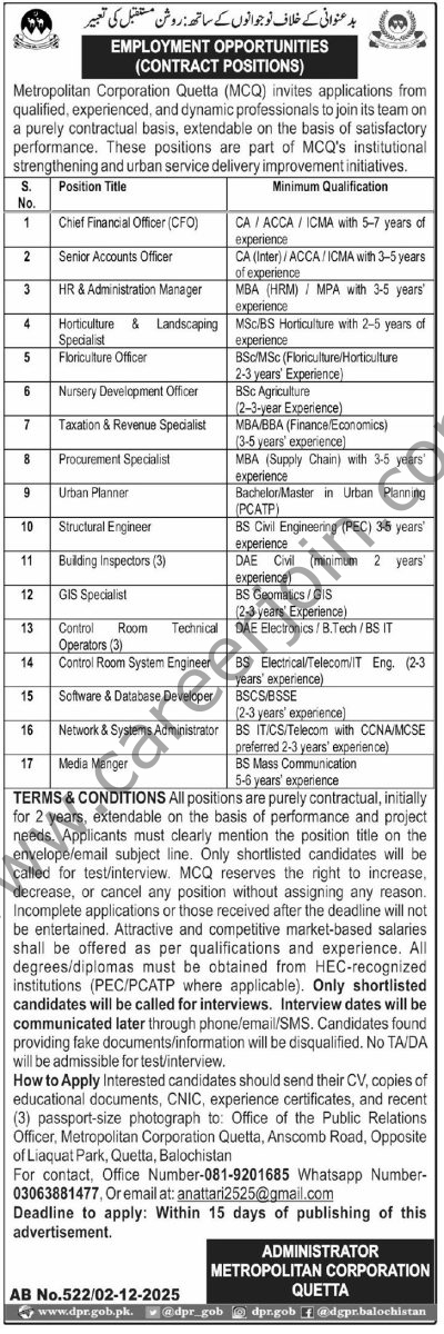 Metropolitan Corporation Quetta MCQ Jobs 03 December 2025 Express Tribune 1