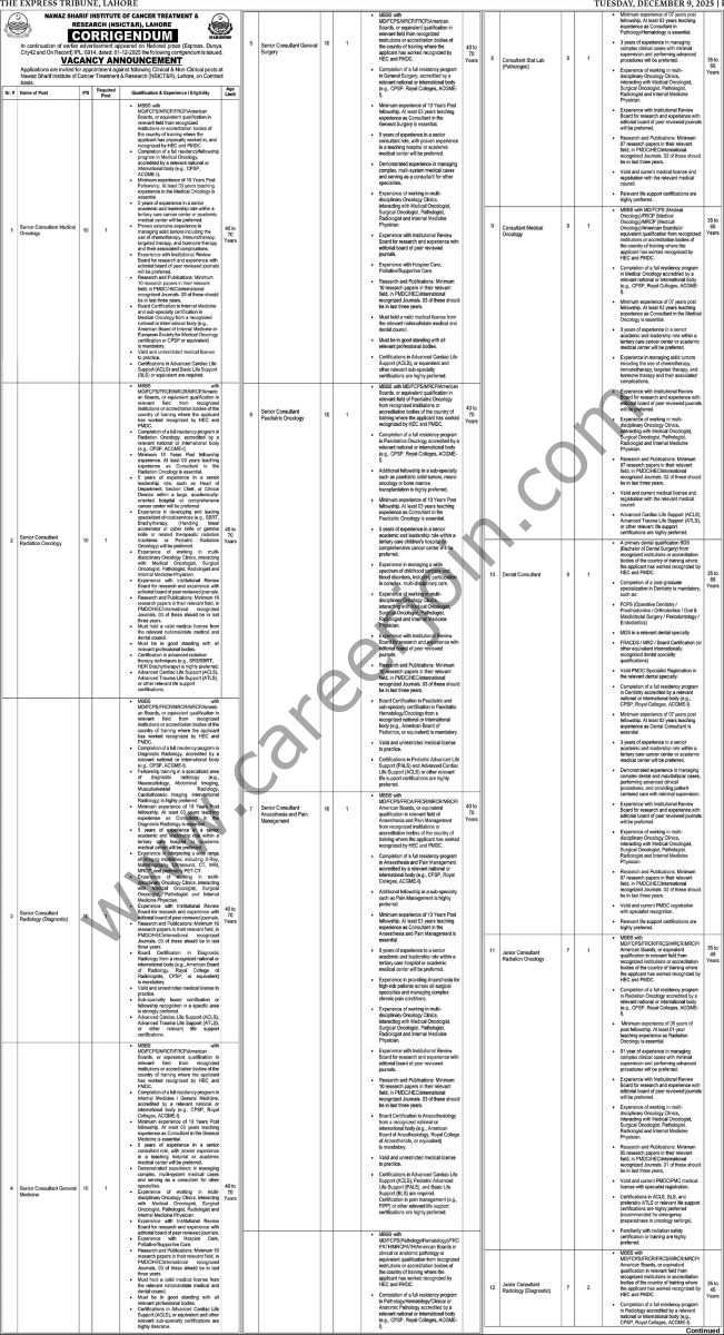 Nawaz Sharif Institute of Cancer Treatment & Research Lahore Jobs 09 December 2025 Express Tribune 12