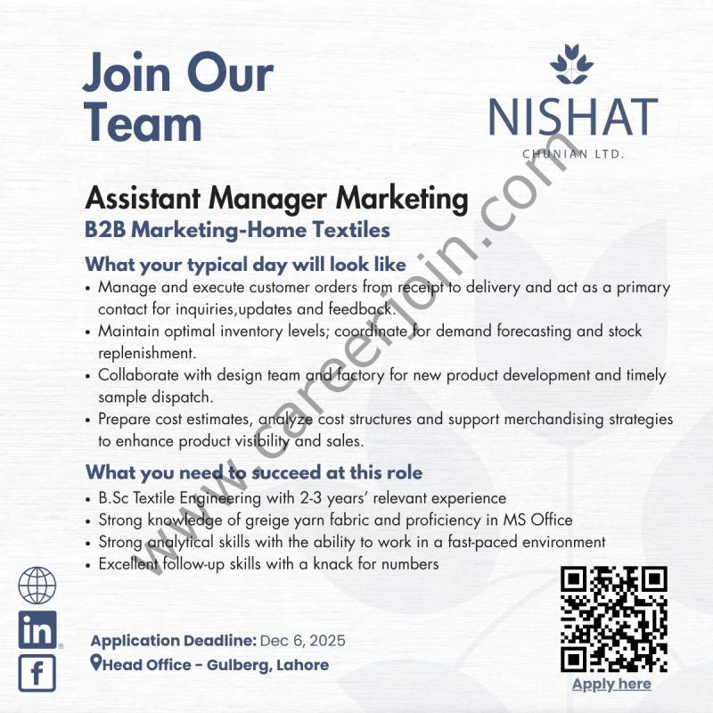 Nishat Chunian Ltd Jobs Assistant Manager Marketing 1