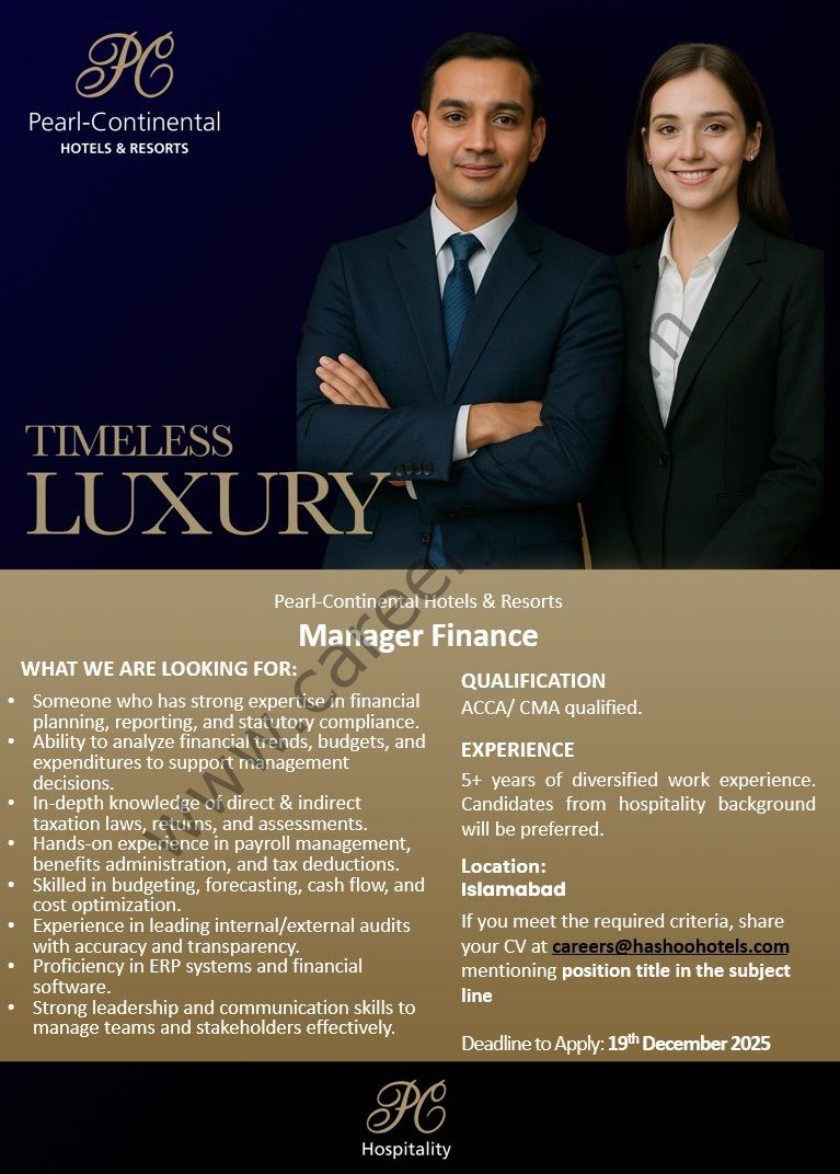 Pearl-Continental Hotels & Resorts Jobs Manager Finance 1