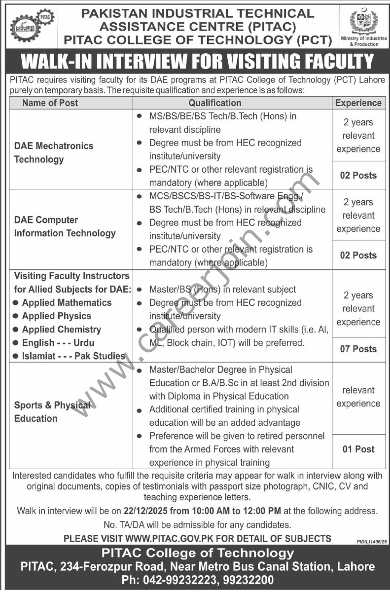 PITAC College of Technology Lahore Jobs 03 December 2025 Dawn 1