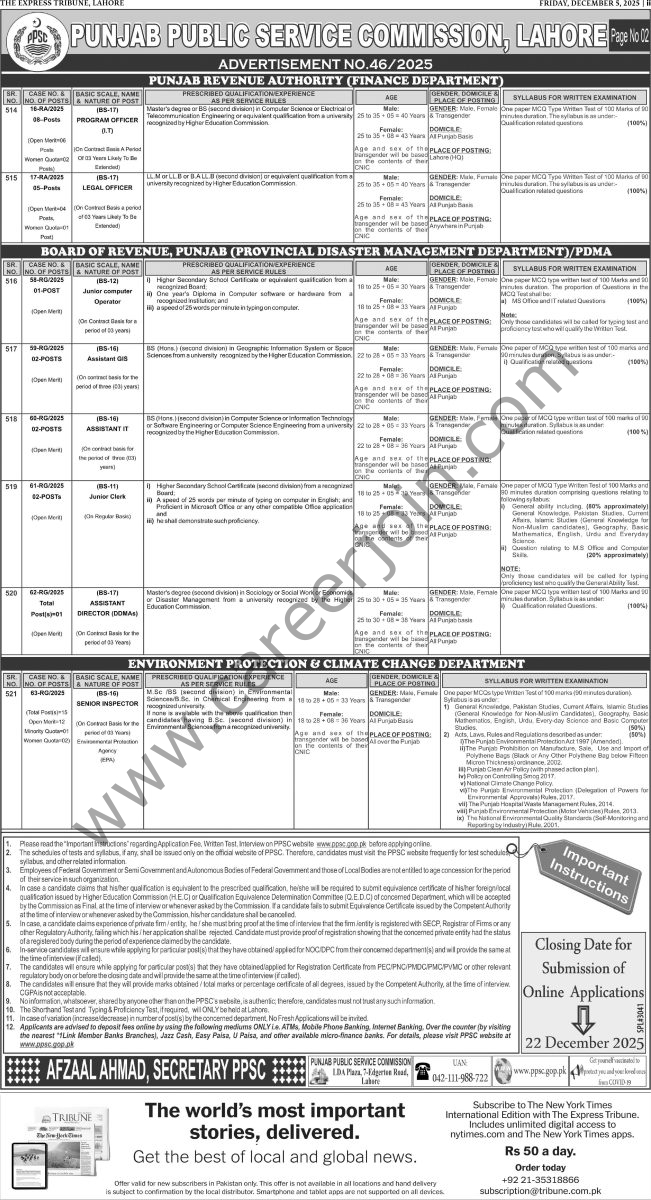 PPSC Punjab Public Service Commission Jobs 05 Decemeber 2025 Express Tribune 01 1