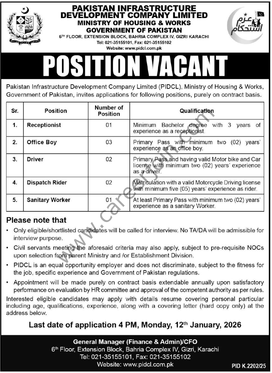 Pakistan Infrastructure Development Co Ltd PIDCL Jobs 26 December 2025 Express Tribune 1
