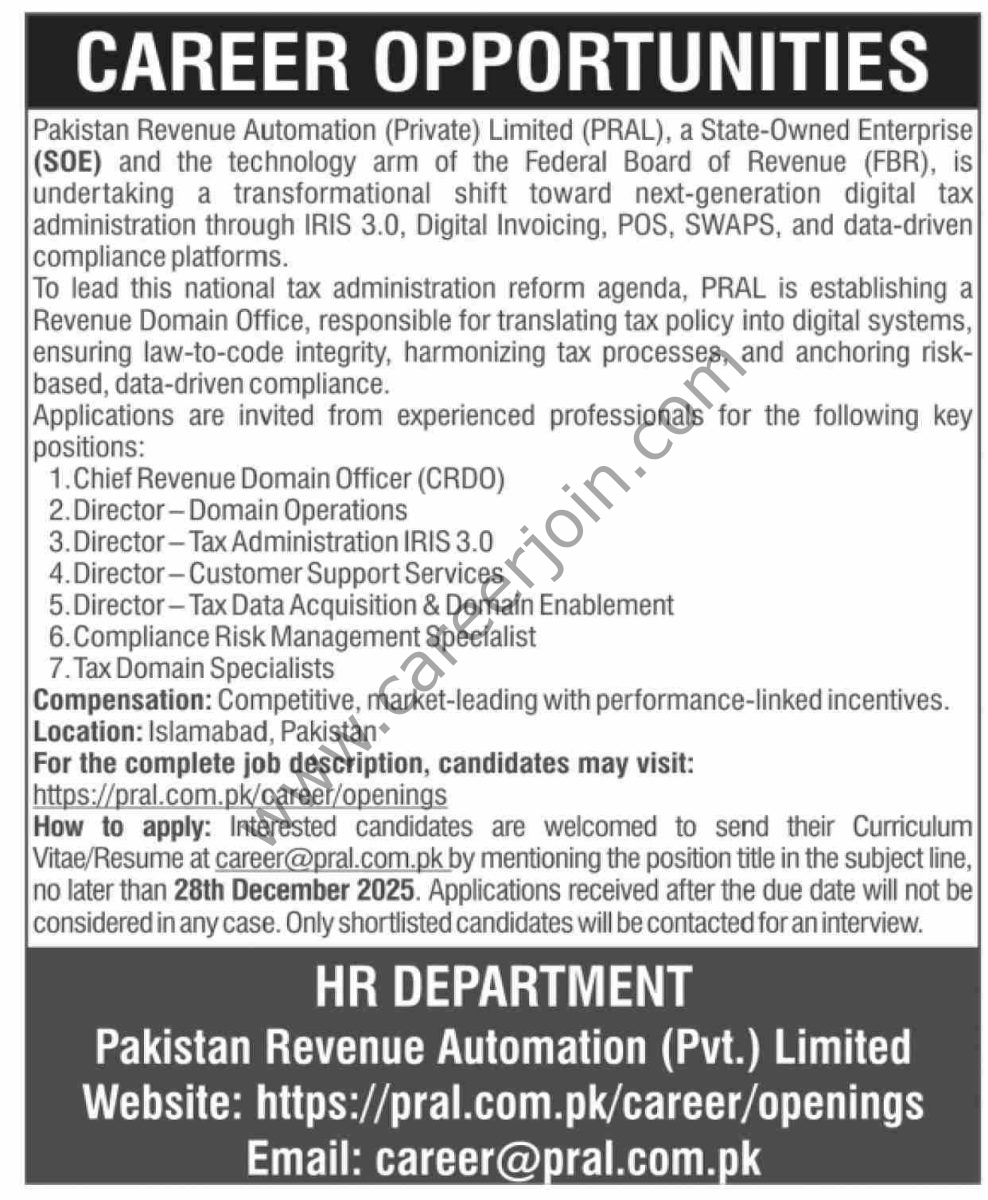 Pakistan Revenue Automation Pvt Ltd PRAL Jobs 14 December 2025 Dawn 1
