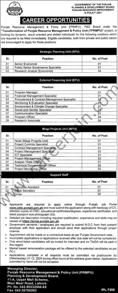 Punjab Resource Management & Policy Unit PRMPU Jobs 13 December 2025 Express 1