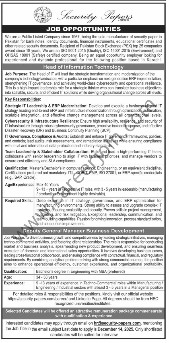Security Papers Ltd Jobs 07 December 2025 Dawn 1