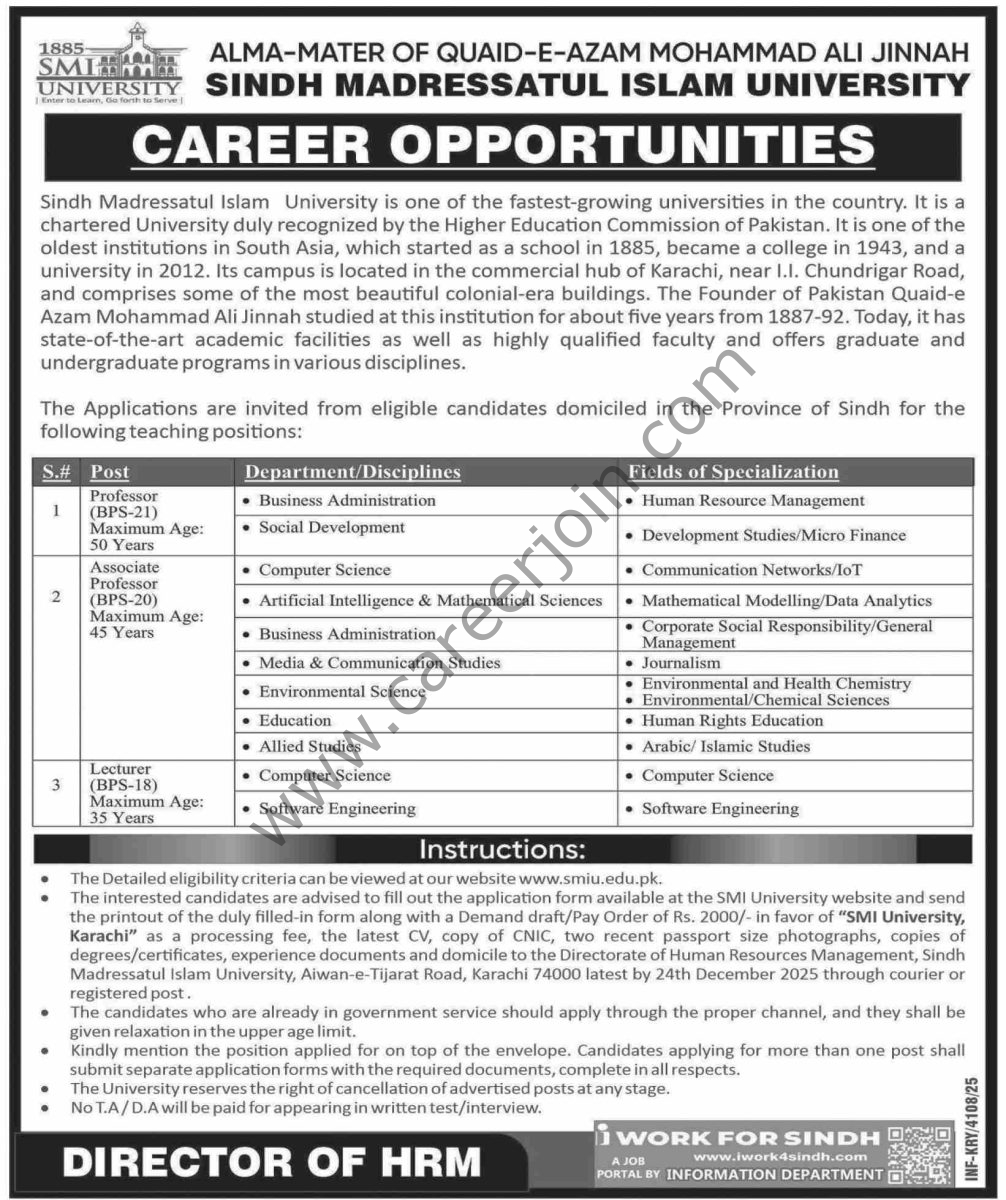 Sindh Madressatul Islam University Jobs 07 December 2025 Dawn 1