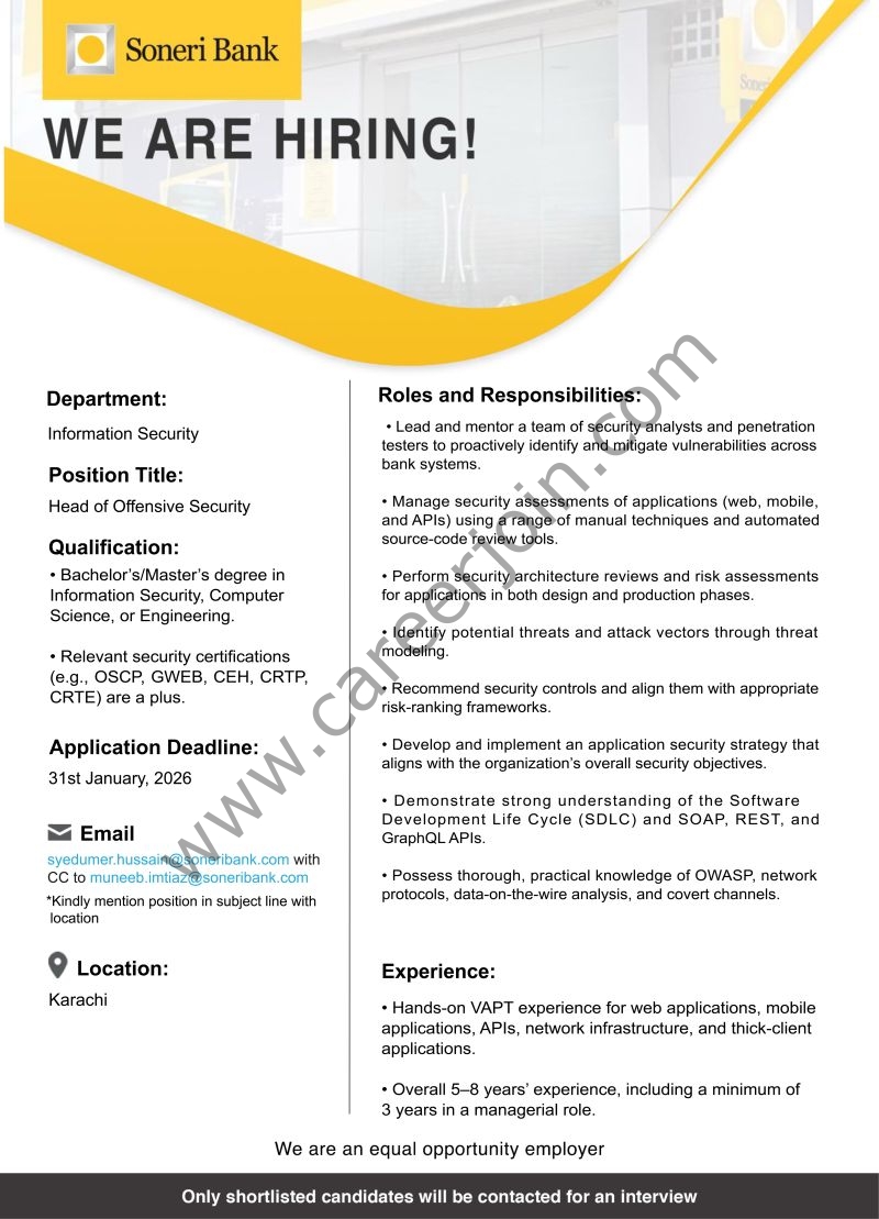 Soneri Bank Limited Jobs Head of Offensive Security 1