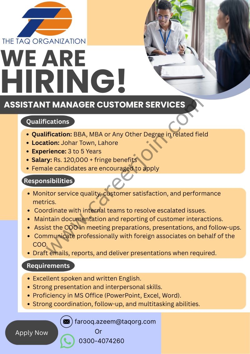 The TAQ Organization Jobs Assistant Manager Customer Services 1