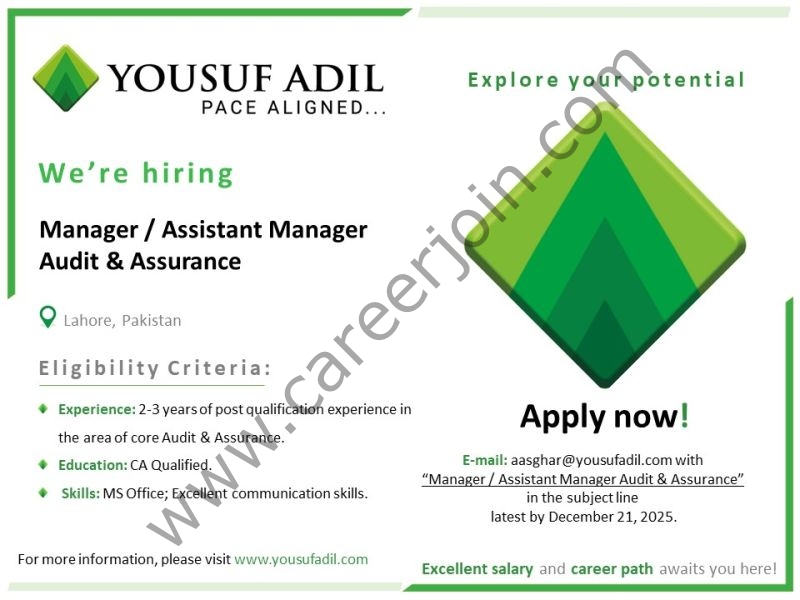 Yousuf Adil Chartered Accountants Jobs Assistant Manager / Manager Audit & Assurance 1