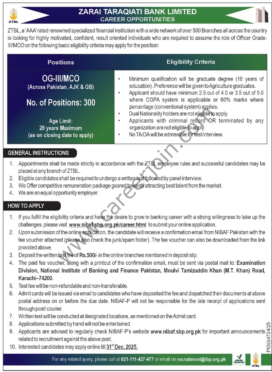 Zarai Taraqiati Bank Ltd ZTBL Jobs 07 December 2025 Express Tribune 1