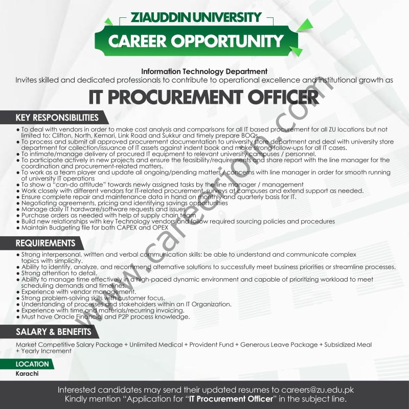 Ziauddin University Jobs IT Procurement Officer 1