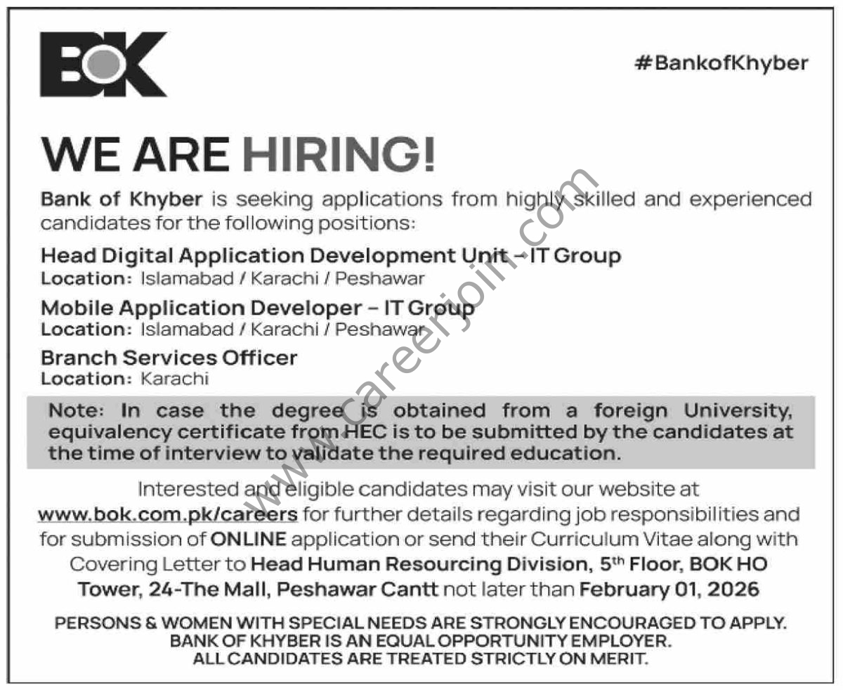 BOK Bank of Khyber Jobs 18 January 2026 Dawn 1