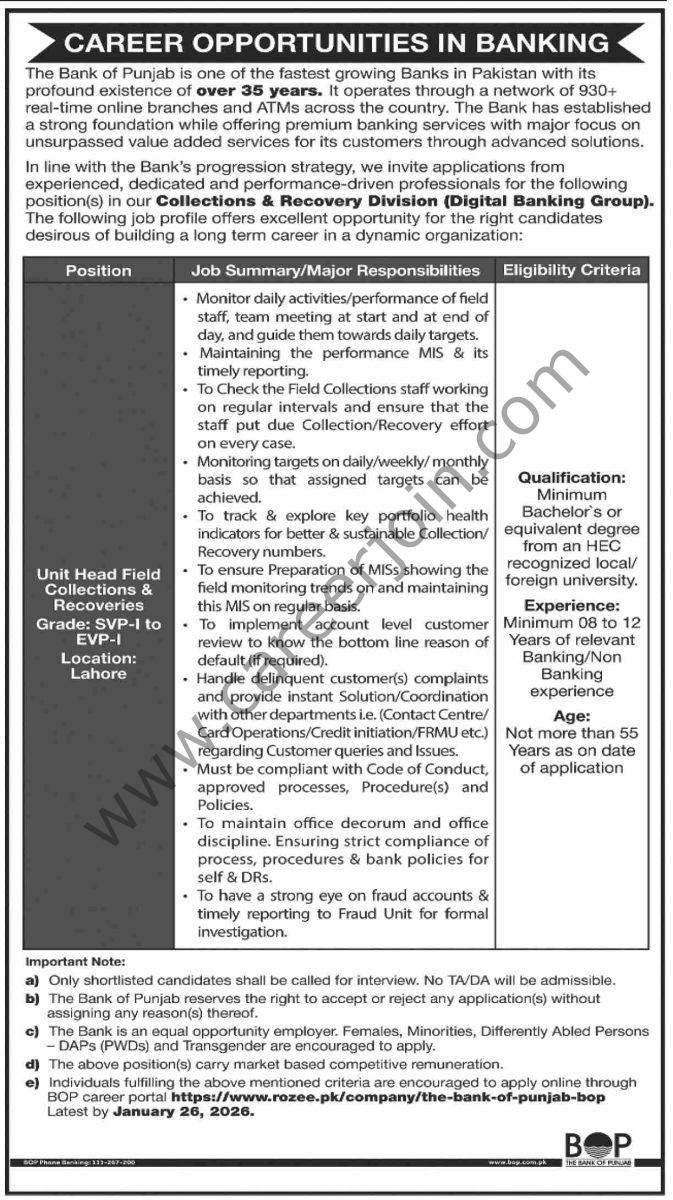 Bank of Punjab BOP Jobs 11 January 2026 Dawn 1