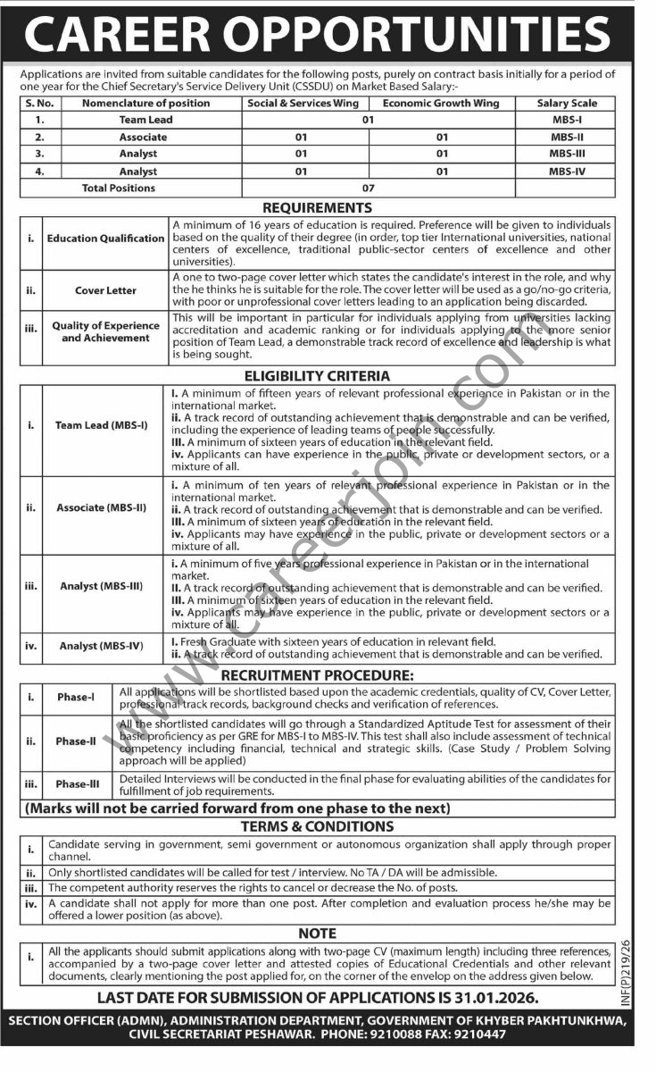 Chief Secretary's Service Delivery Unit CSSDU KPK Jobs 14 January 2026 Dawn 1