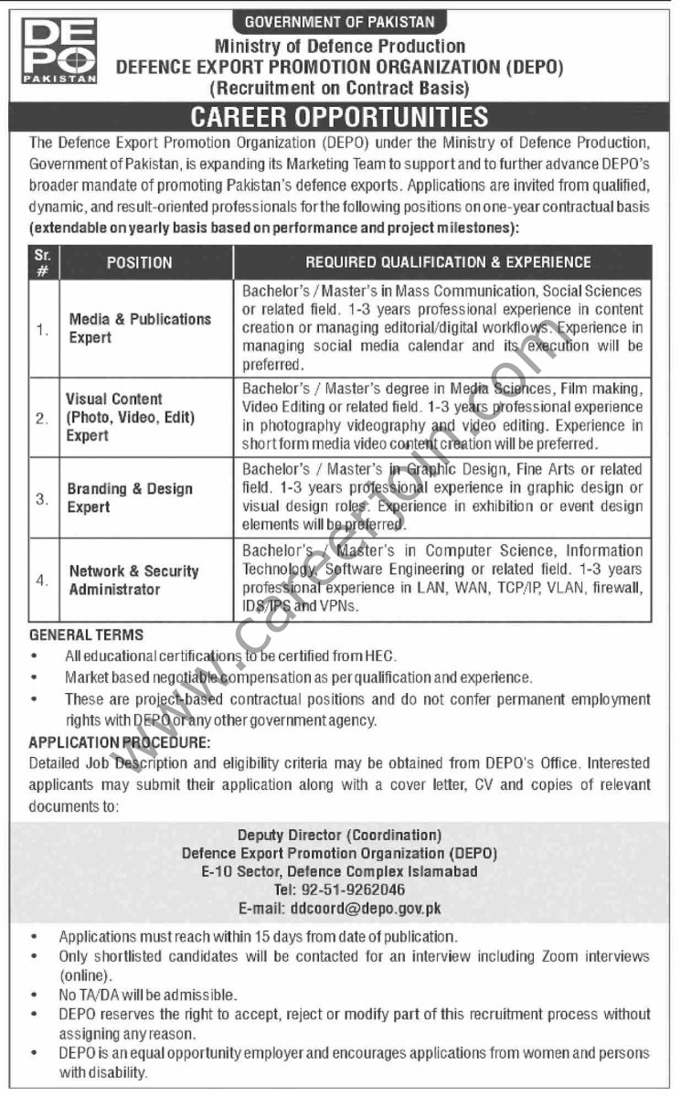 Defence Export Promotion Organization DEPO Jobs 04 January 2026 Dawn 1
