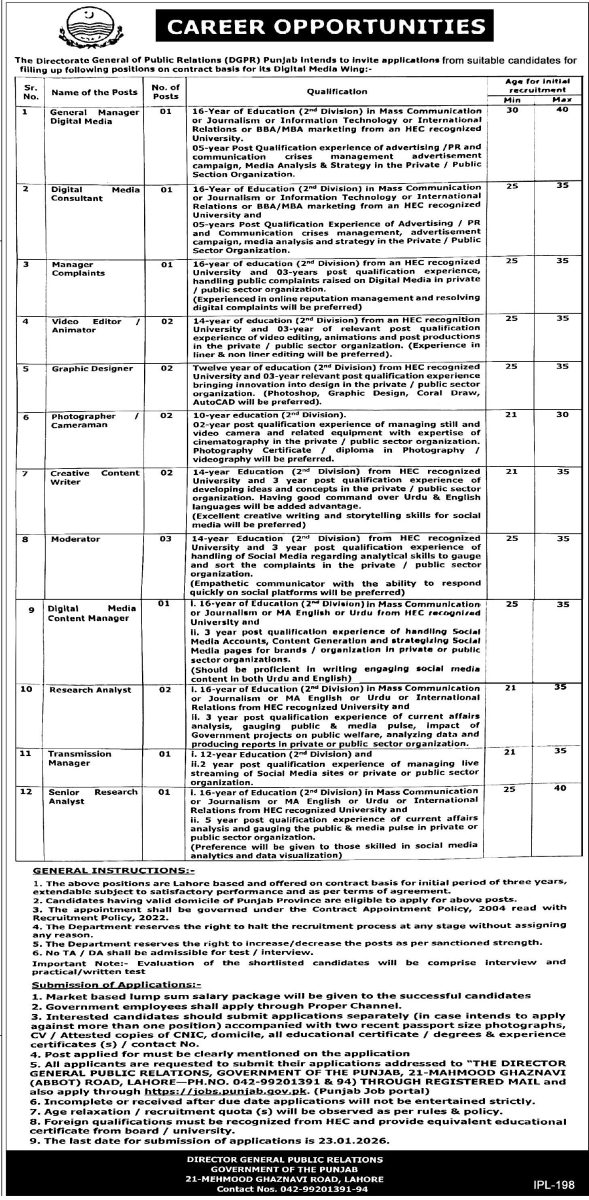 Directorate General of Public Relations DGPR Punjab Jobs 07 January 2026 Express Tribune 1
