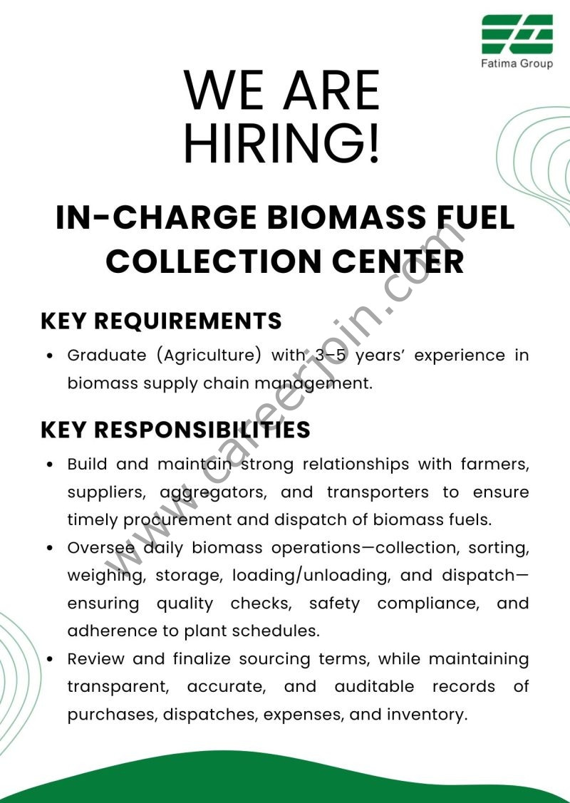 Fatima Group Jobs Incharge Biomass Fuel Collection Center 1