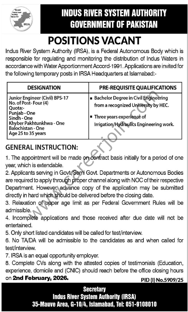 Indus River System Authority IRSA Jobs 18 January 2026 Express Tribune 1