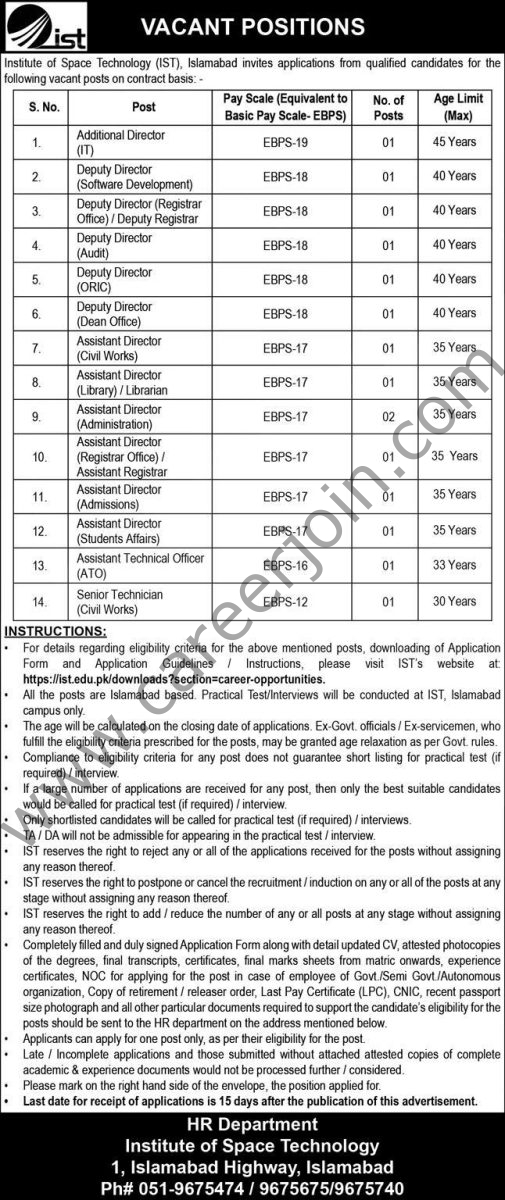 Institute of Space Technology IST Jobs 15 Janauary 2026 Express 1