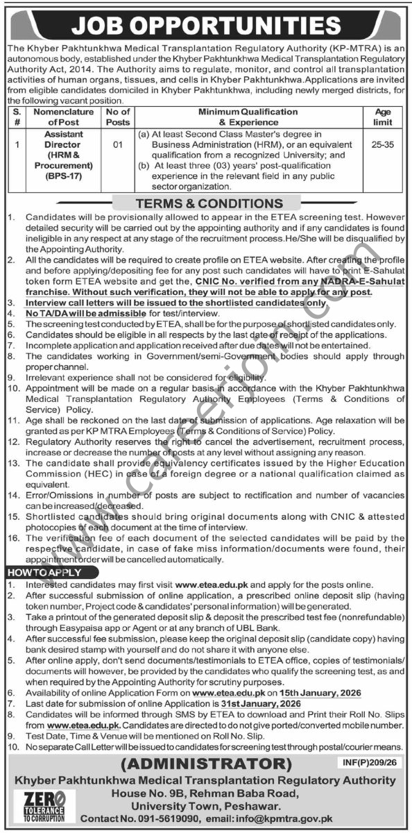KP Medical Transplantation Regulatory Authority KPMTRA Jobs 15 Janauary 2026 Dawn 1