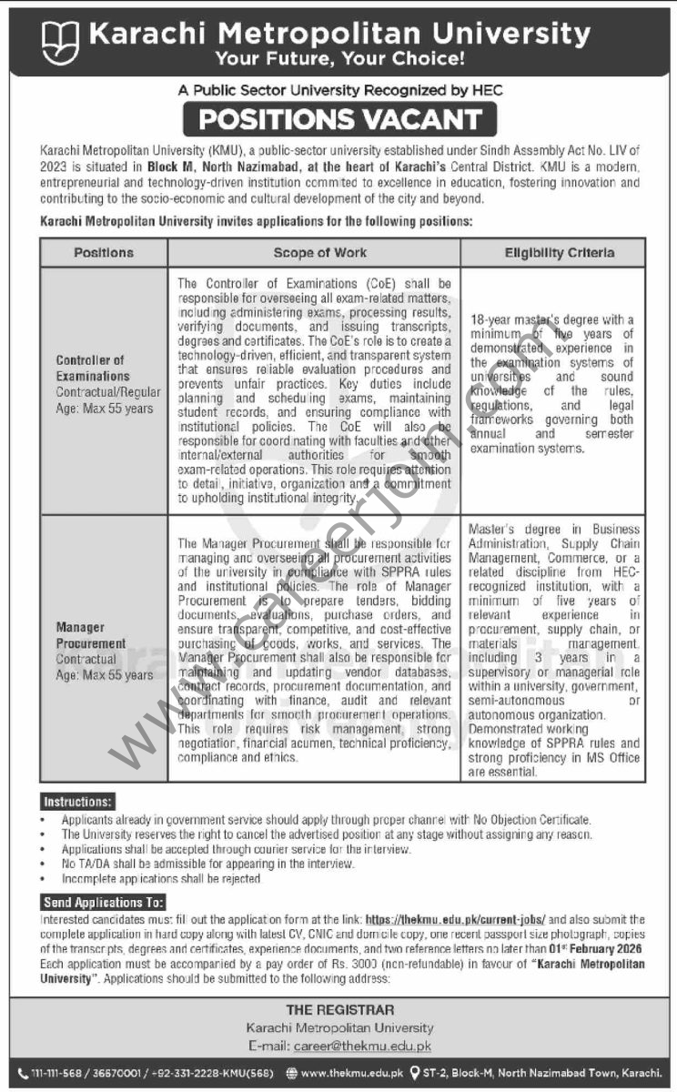 Karachi Metropolitan University KMU Jobs 22 January 2026 Dawn 1