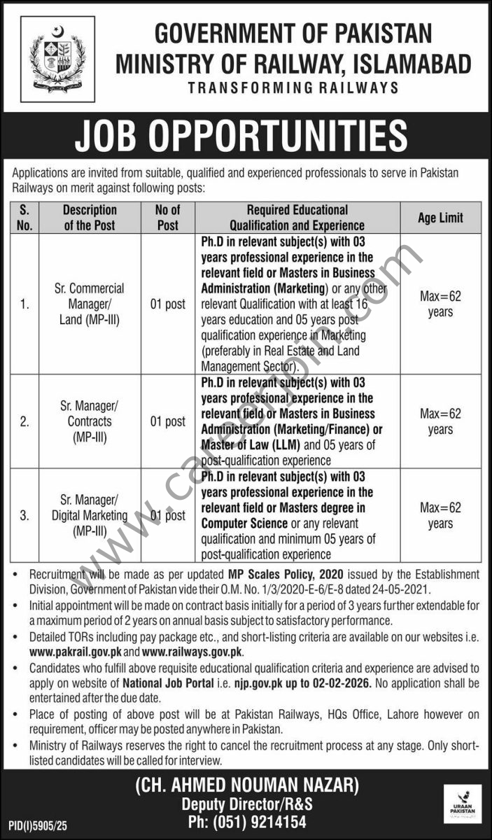 Ministry Of Railway Islamabad Jobs 18 January 2026 Express 1