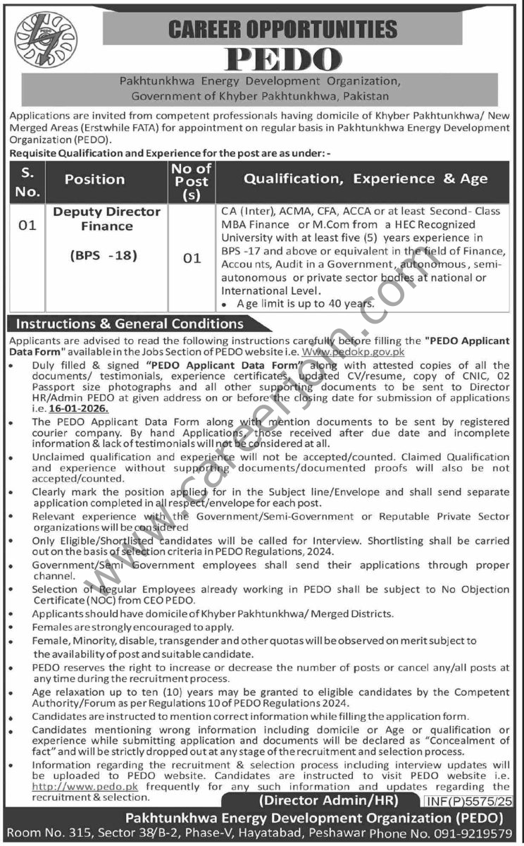 Pakhtunkhwa Energy Development Organization PEDO Jobs 01 January 2026 Dawn 1