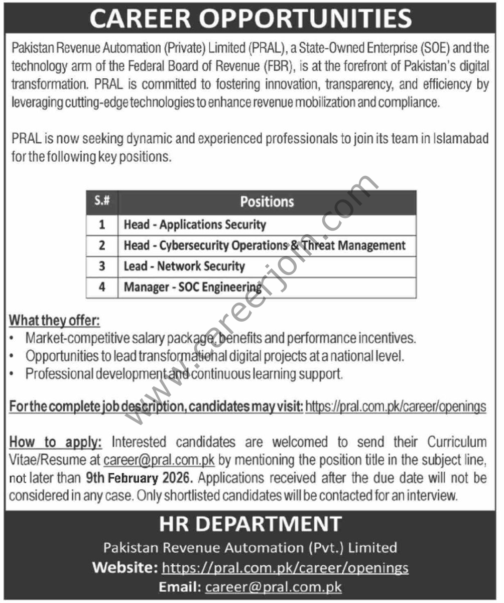 Pakistan Revenue Automation Ltd PRAL Jobs 25 January 2026 Dawn 1