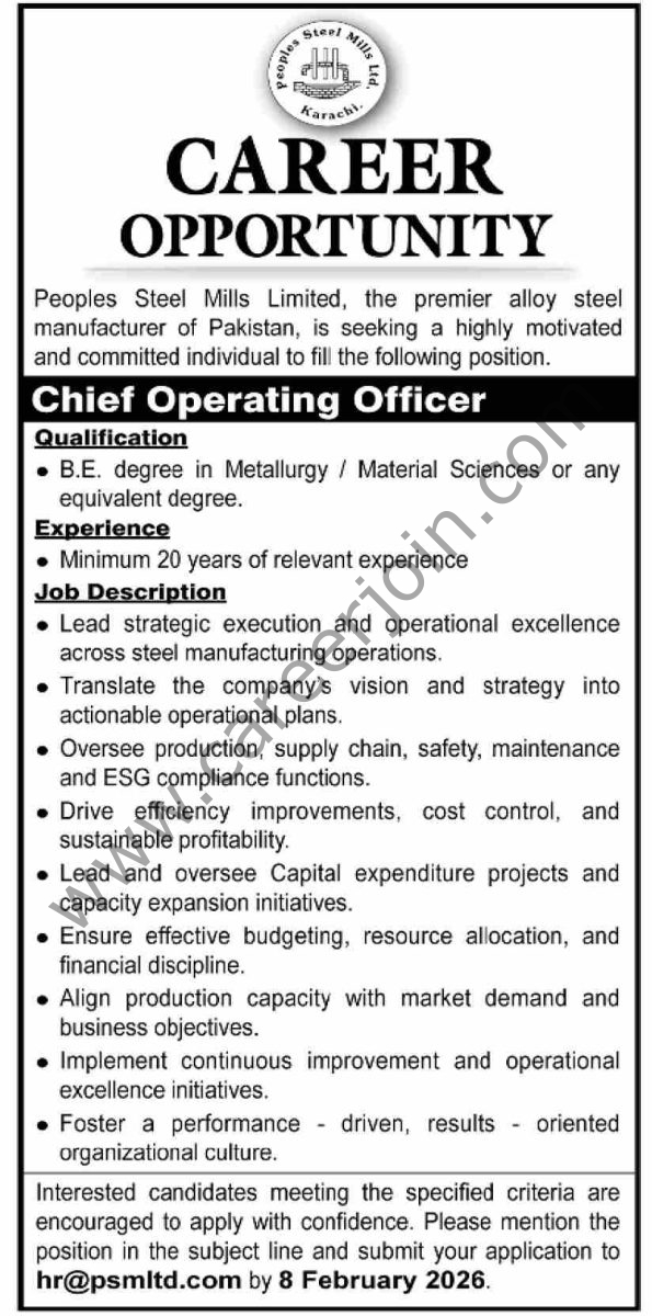 People Steel Mills Ltd PSML Jobs 25 January 2026 Dawn 1