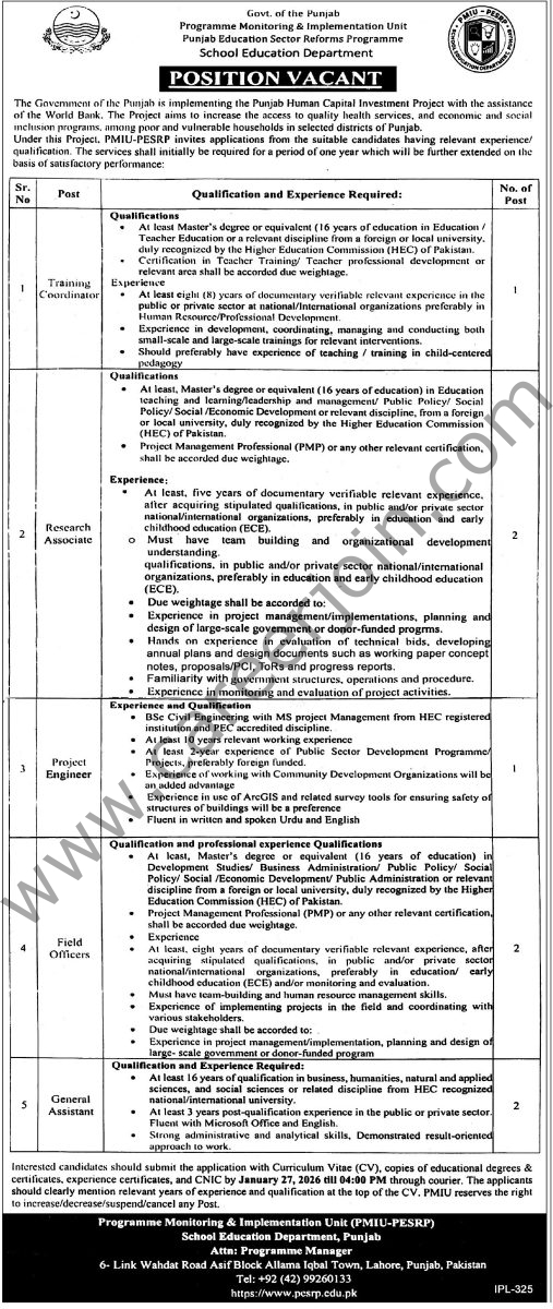 Programme Monitoring & Implementation Unit Jobs 11 January 2026 Express Tribune 1
